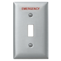 Hubbell Wiring Device-Kellems Wallplates and Boxes, Metallic Plates, 1-Gang, 1) Toggle Openings, Standard Size, Engraved "Emergency", Stainless Steel SS1ME